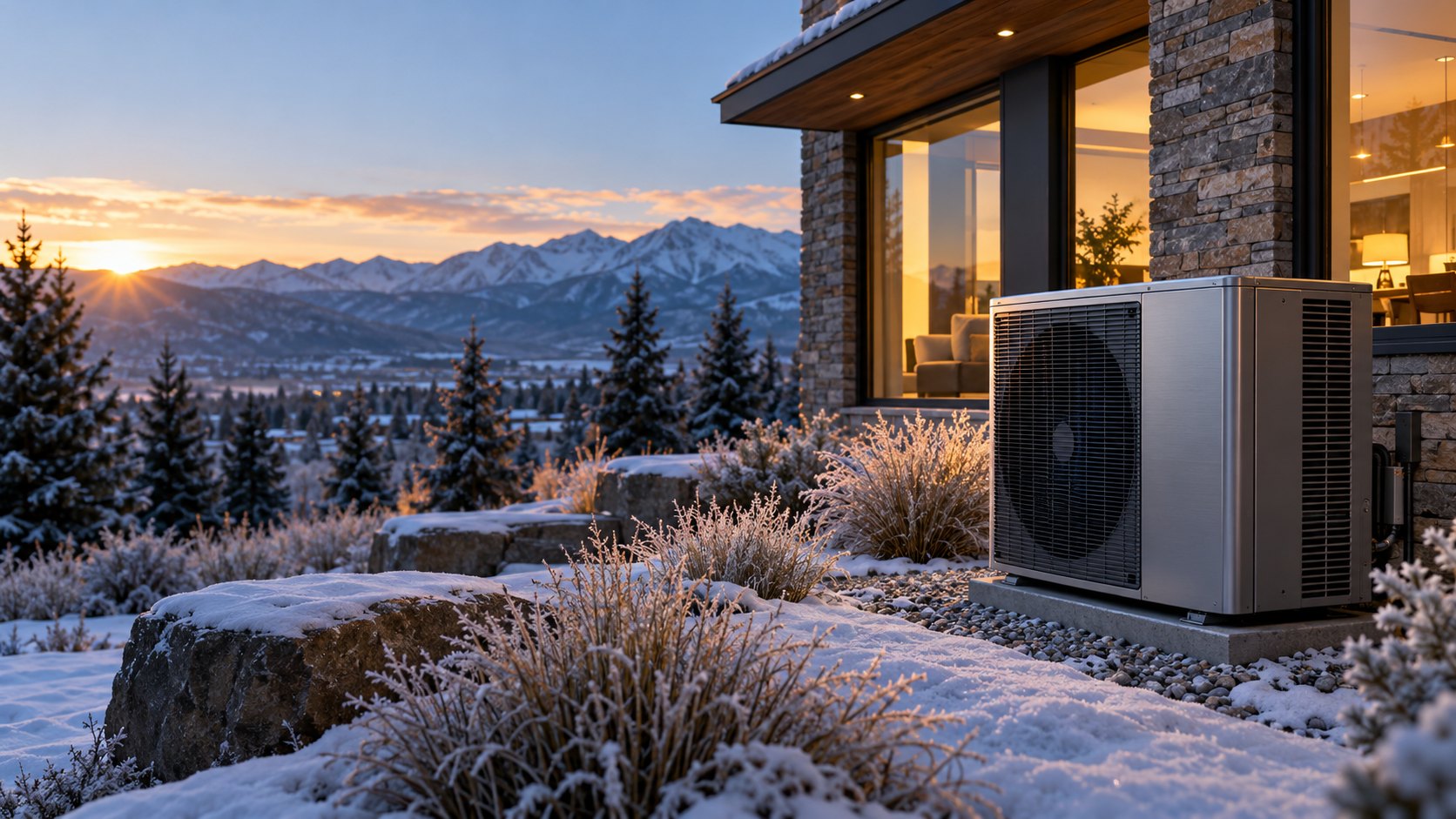 Heat pump beside a Colorado home at sunrise
