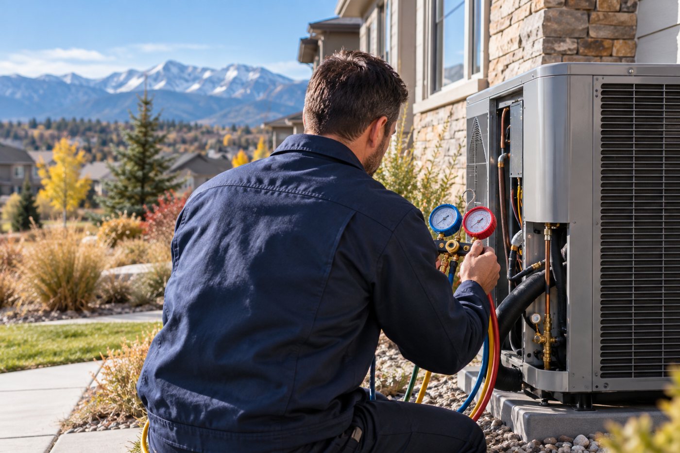 HVAC technician examining a heat pump